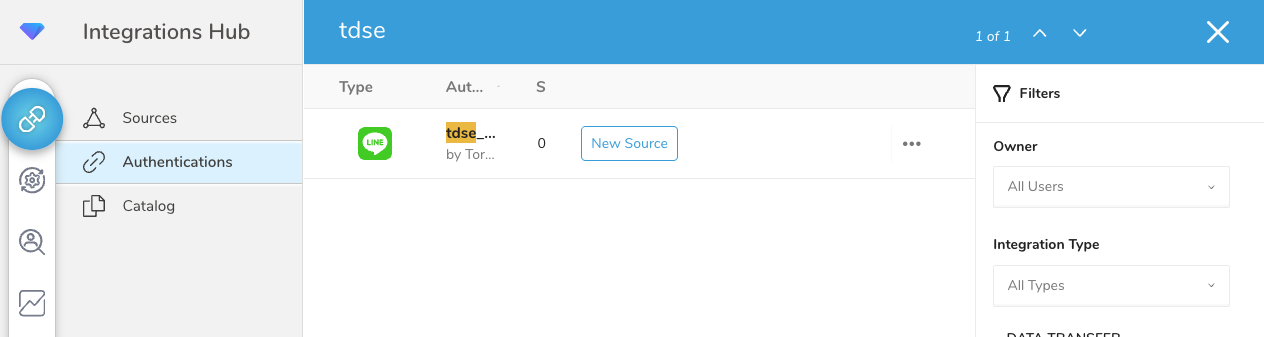 Authentications page with New Source button