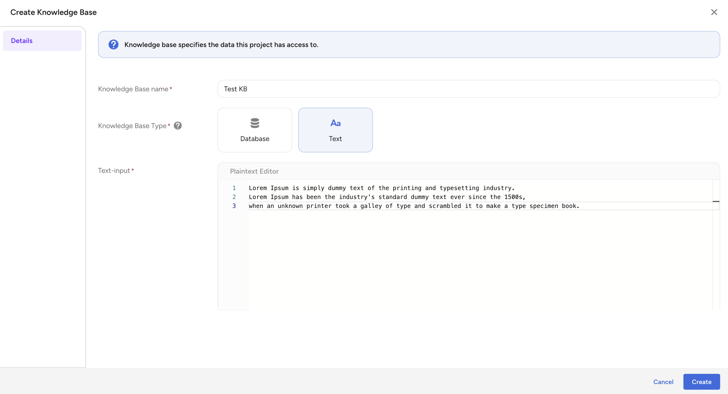Text knowledge base form