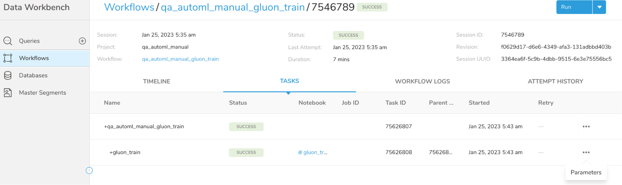 Task parameters menu