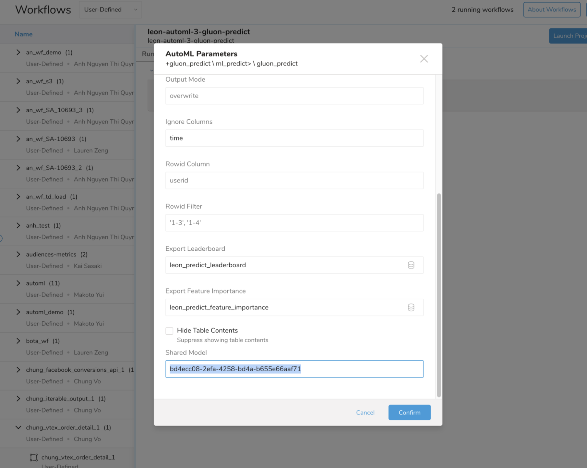 Prediction workflow AutoML tab with shared_model parameter