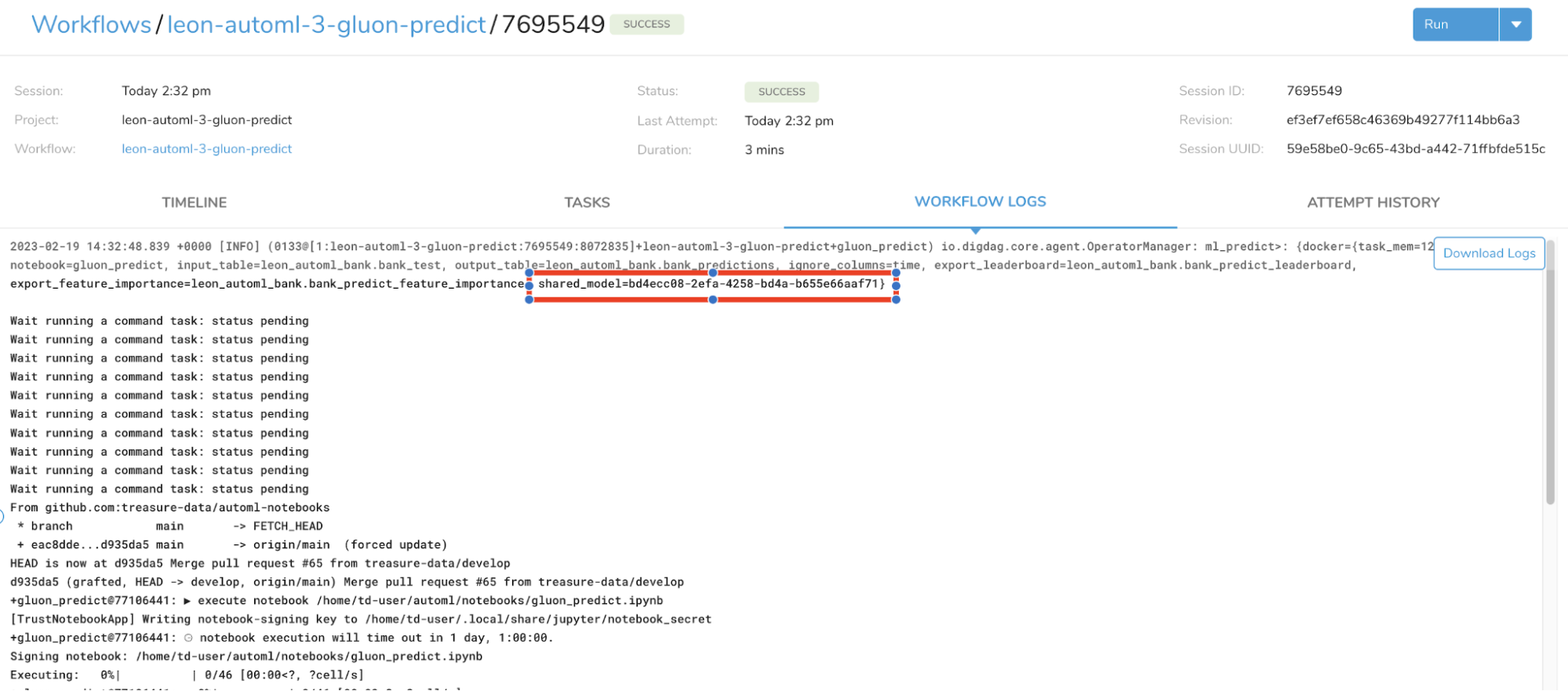 Workflow log confirming selected shared model