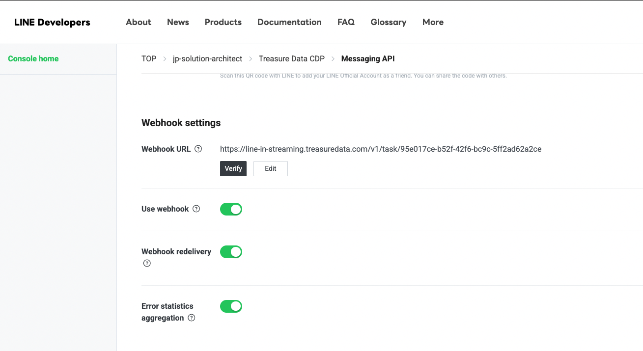 LINE Developers Console webhook settings