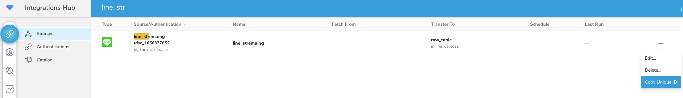 Sources listing with Copy Unique ID option